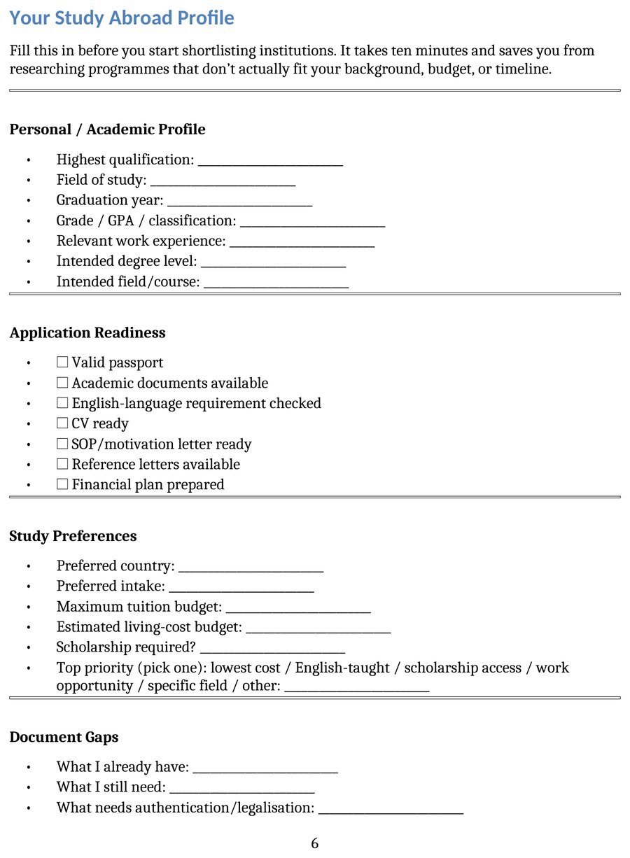 Your Study Abroad Profile worksheet page from the Toolkit