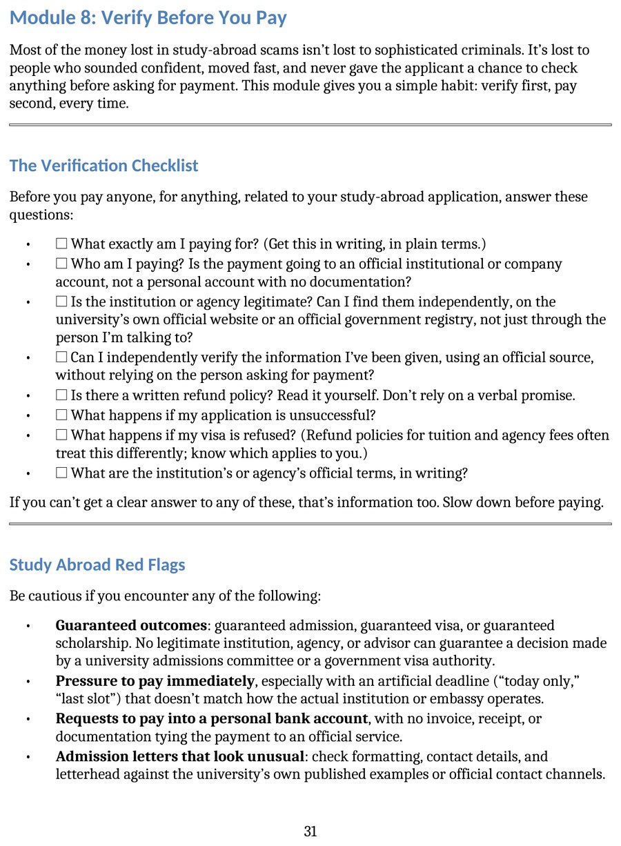 Verify Before You Pay checklist page from the Toolkit